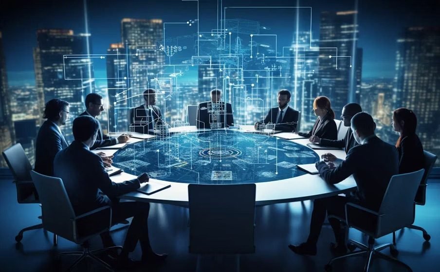 Boardroom with analytical displays