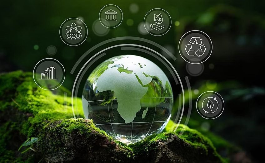 Globe encircled by sustainability symbols