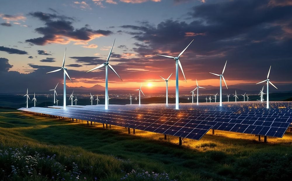 Wind and solar at sunset